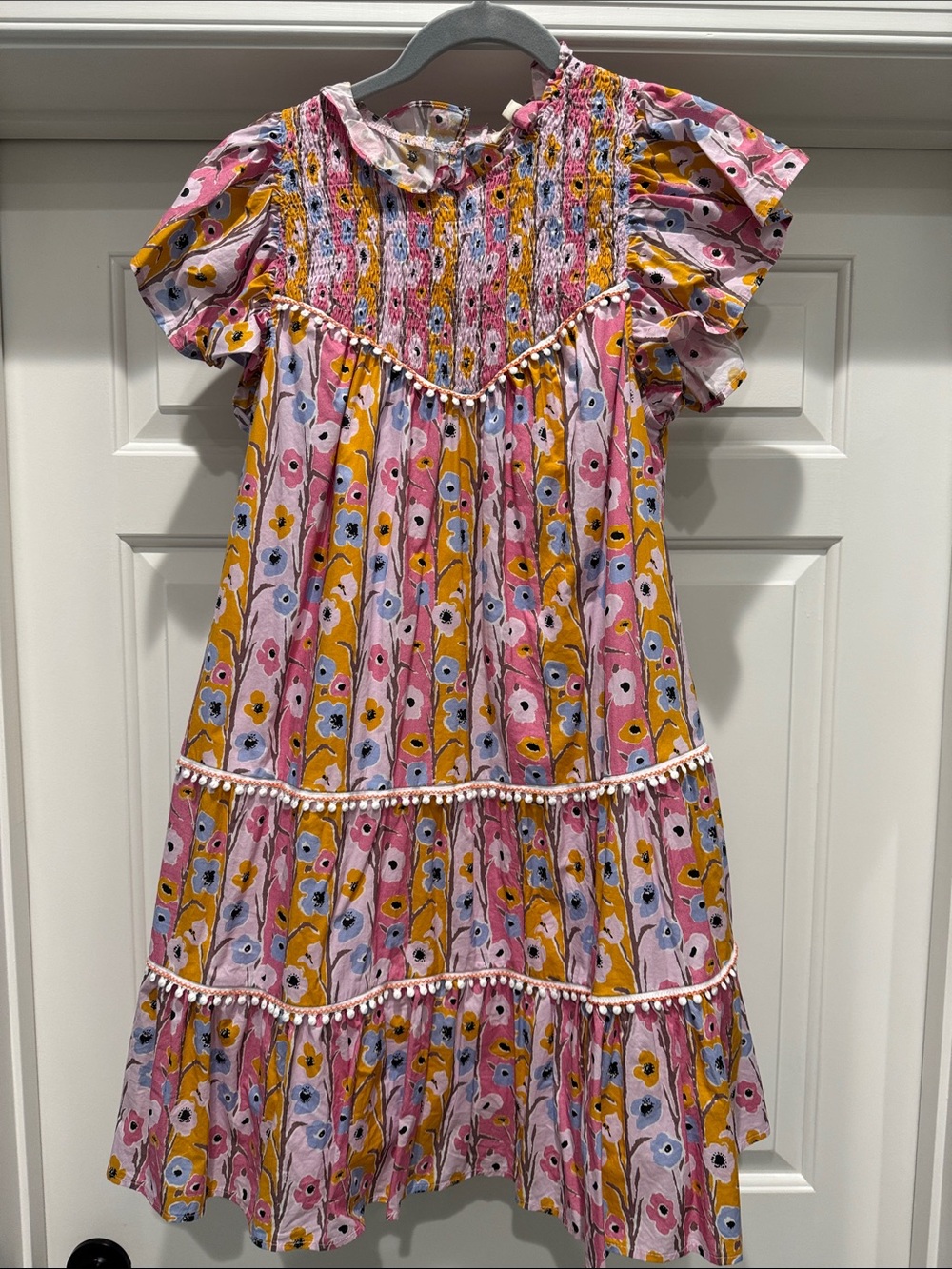 Girls' Pink, Blur & Mustard Floral Tiered Dress